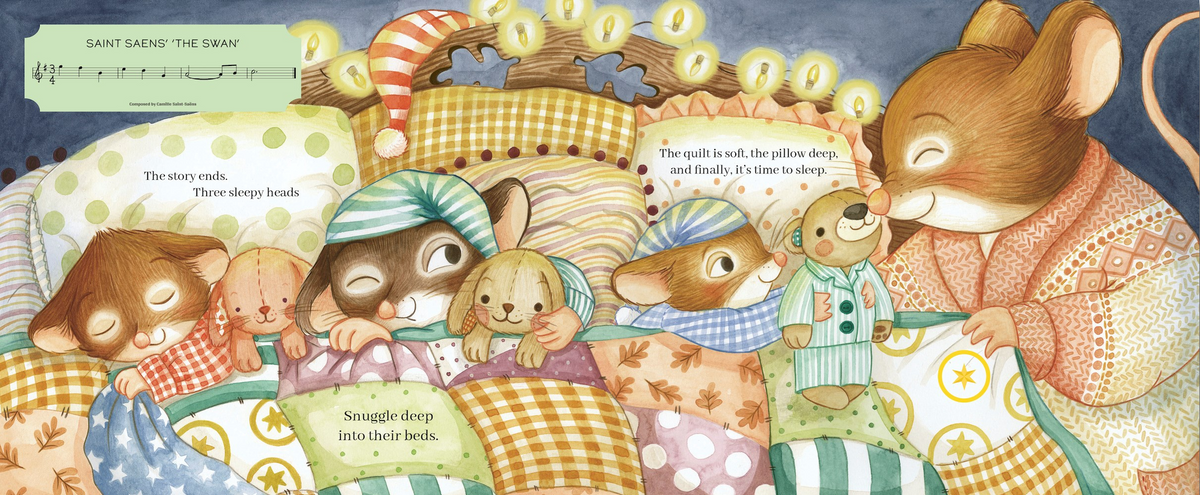 A whimsical illustrated children's book or poster page showing several sleeping animals in a bed with patterned quilts and pillows, with speech bubbles and a music notation header at the top reading 'Saint Saens - The Swan'.
