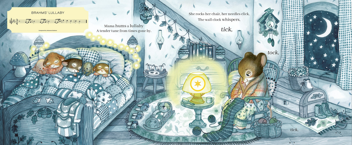A whimsical illustrated nursery scene showing a mother mouse sewing while three baby mice sleep in bed. The room is detailed with blue-gray tones, a glowing lamp, moonlit window, and handwritten-style text labels pointing to parts of the scene.