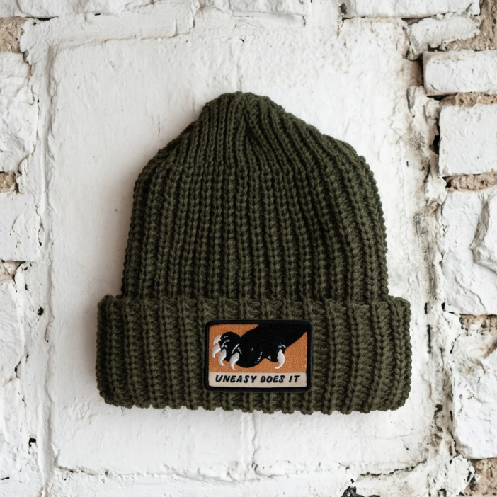 An olive green ribbed knit beanie hat with a brown rectangular patch on the cuff, displayed against a white painted brick wall. The patch features a black dog graphic and the text 'UNEASY DOG EZ IT'.