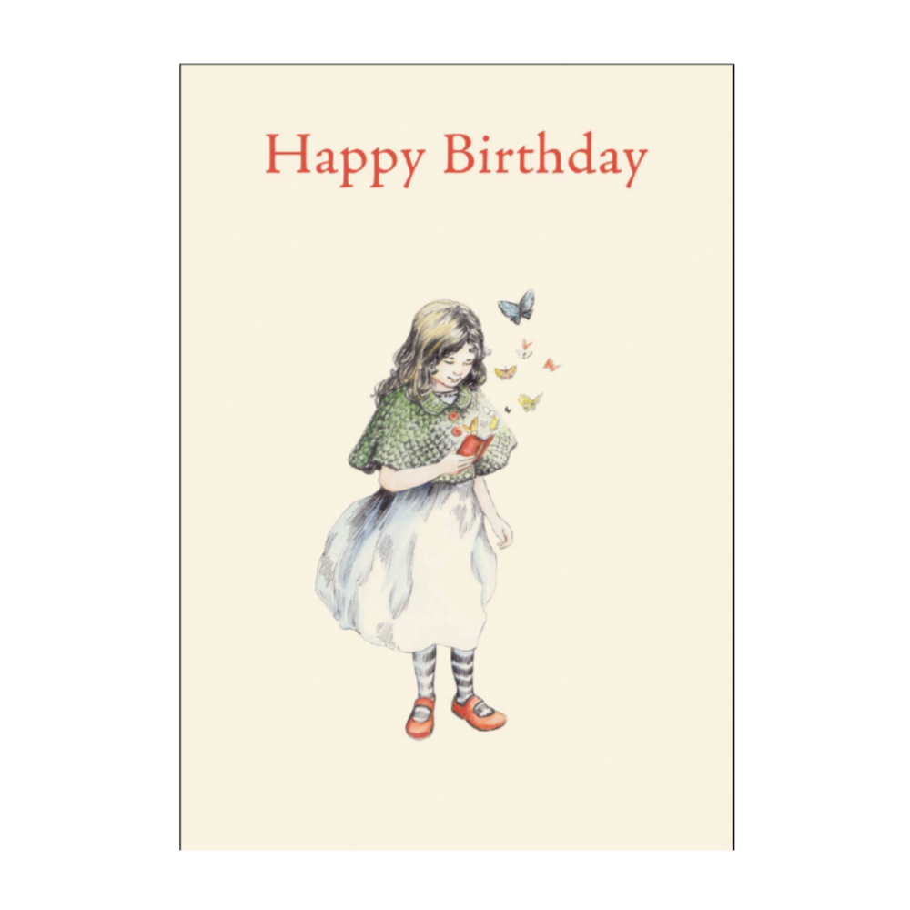 Birthday card with illustration of a girl holding a butterfly and flowers on a beige background