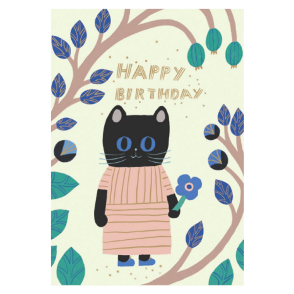 Birthday card with a black cat in a pink sweater among blue leaves and flowers.