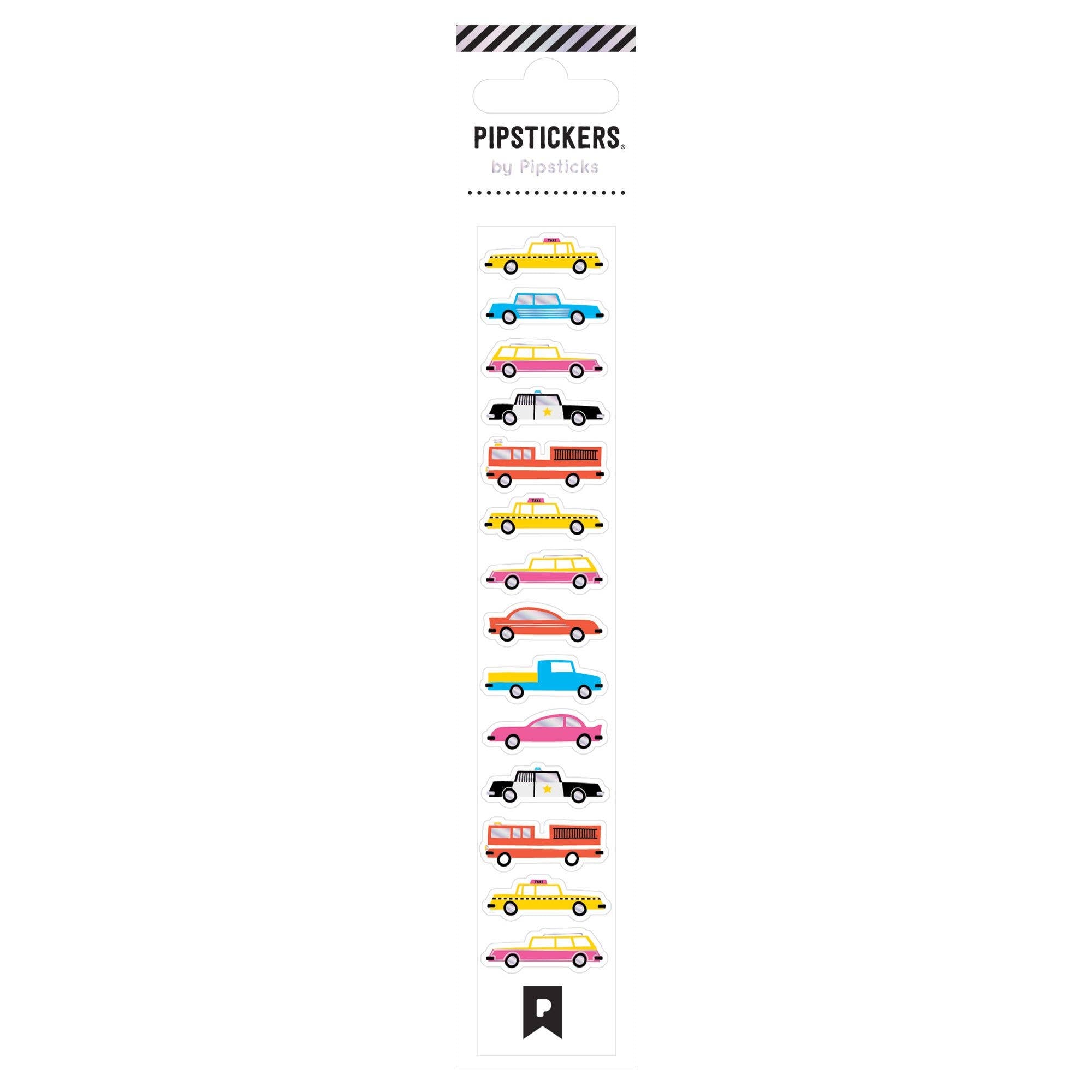 Collection of colorful car illustrations on a white background with 'PipStickers' branding.
