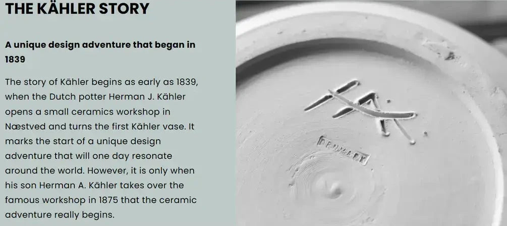 Ceramic product with Kähler logo and text about the brand's history on a white background