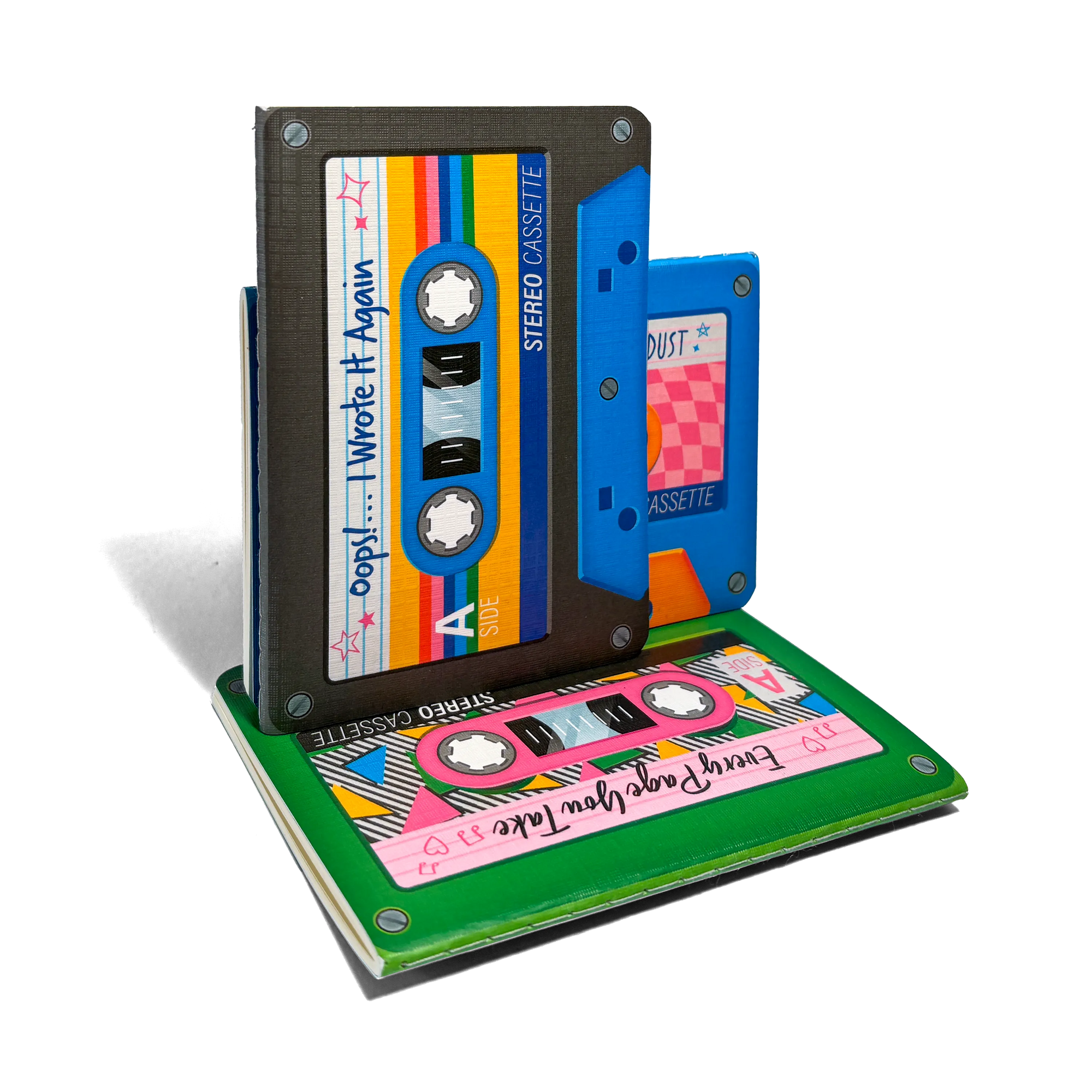 Colorful cassette tapes with text on a transparent background