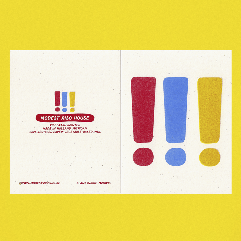 A square art print or card shown flat against a bright yellow background. The print has a white center with three large colored exclamation marks on the right and small text/logo elements on the left, including the visible brand name 'MODEST RISO HOUSE'.