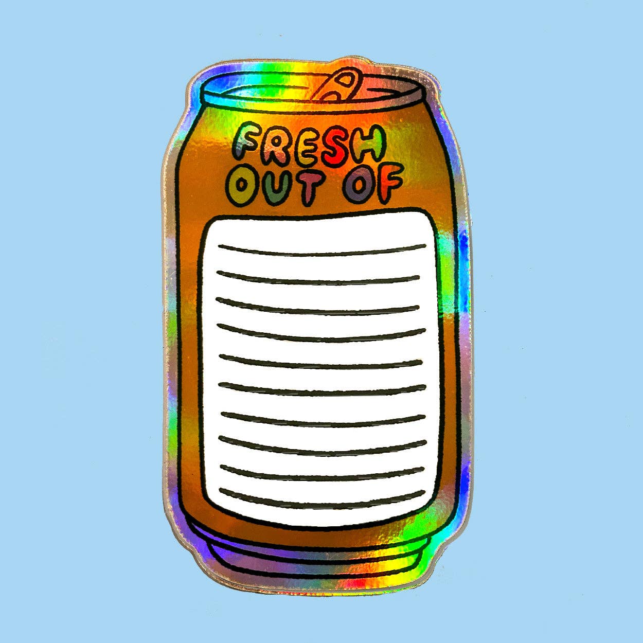 Colorful can-shaped notepad with 'Fresh Out of' text on a light blue background