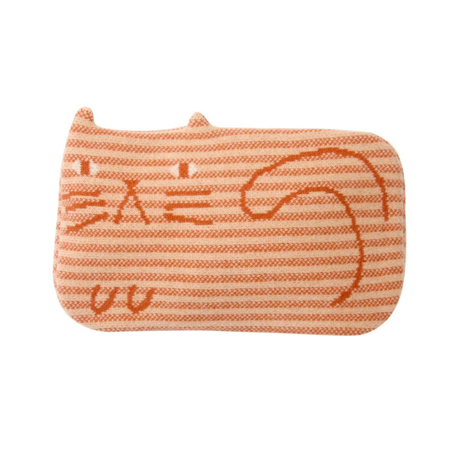 A cat-shaped fabric pouch or cushion in orange and white stripes with embroidered cat face and body details, shown on a plain white background.