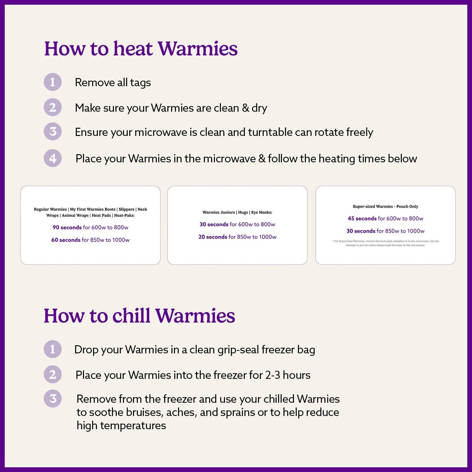 An informational graphic with a purple border and headings reading 'How to heat Warmies' and 'How to chill Warmies,' accompanied by numbered steps and three small microwave instruction panels on a light beige background.