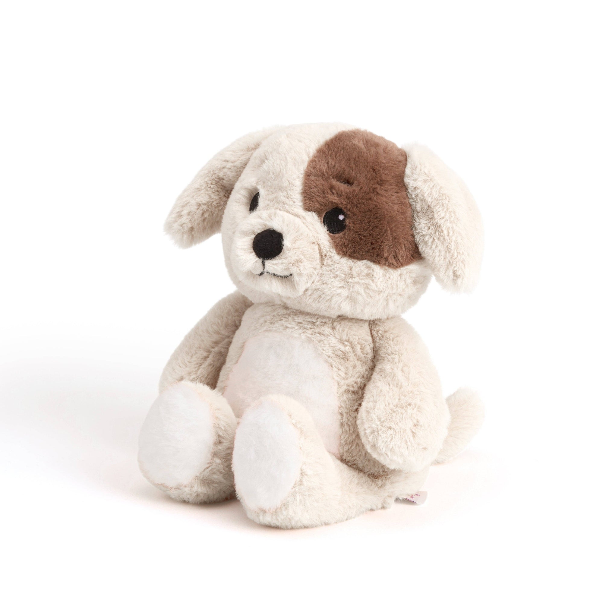 Stuffed dog toy with a brown spot on a white background