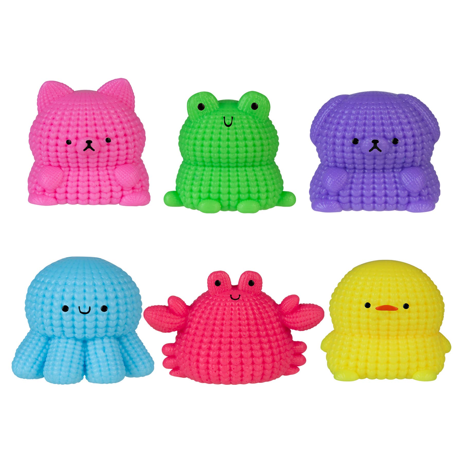 Set of colorful soft toy figures on a white background