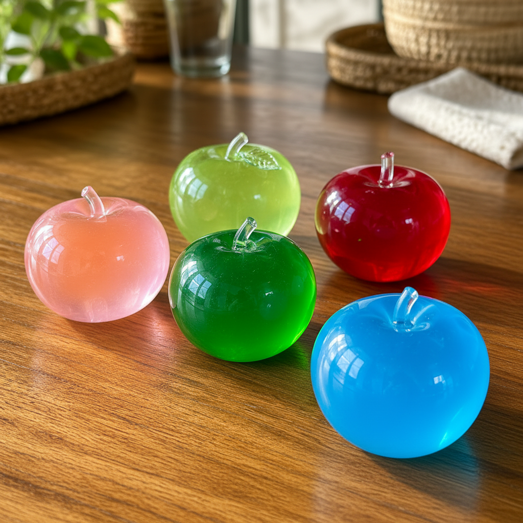 Colorful apple-shaped candles on a wooden surface