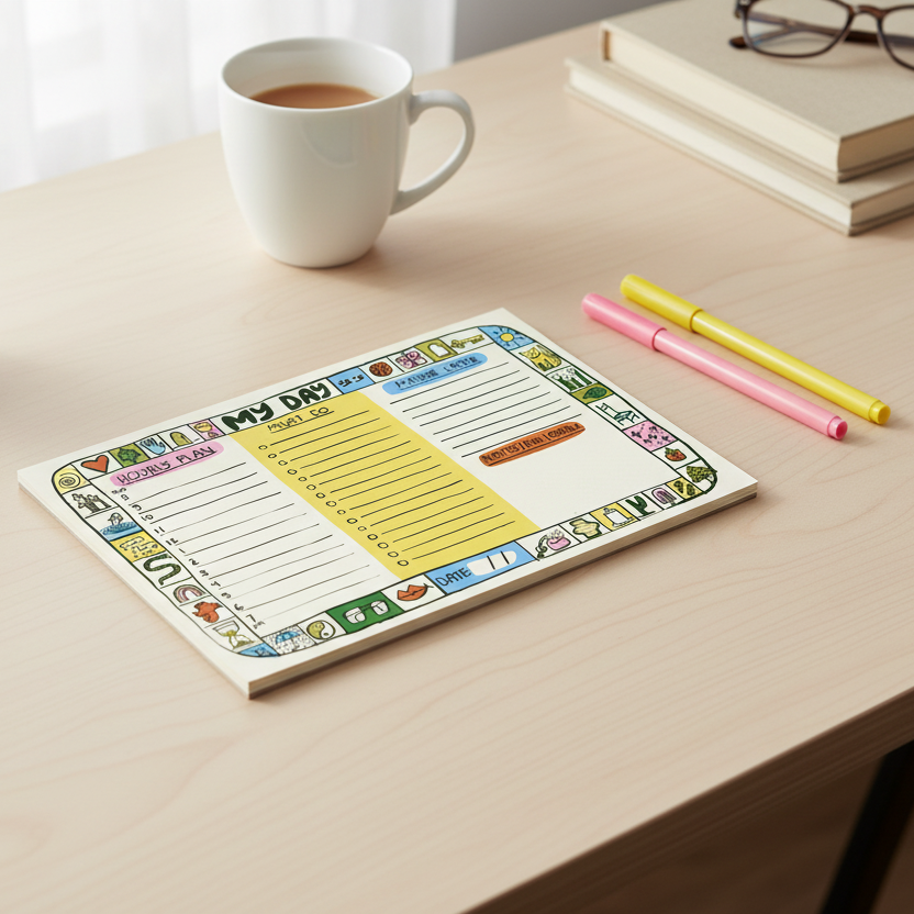 Notebook with colorful design on a desk with a cup of coffee, pens, and a plant.