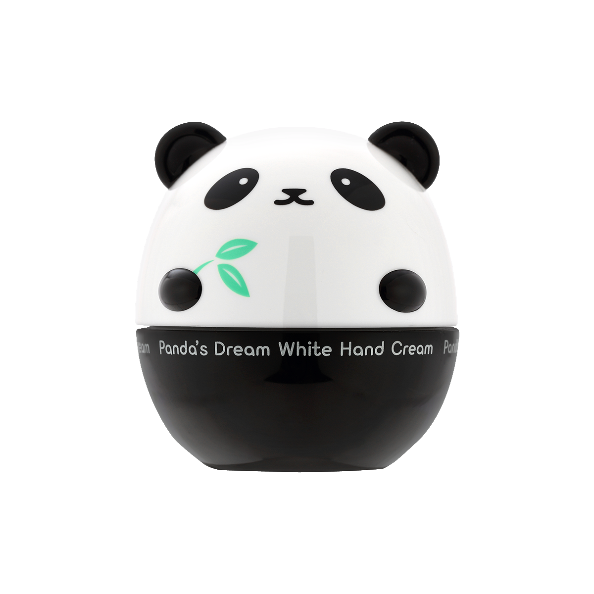 Panda-shaped hand cream with a white face and black ears on a white background