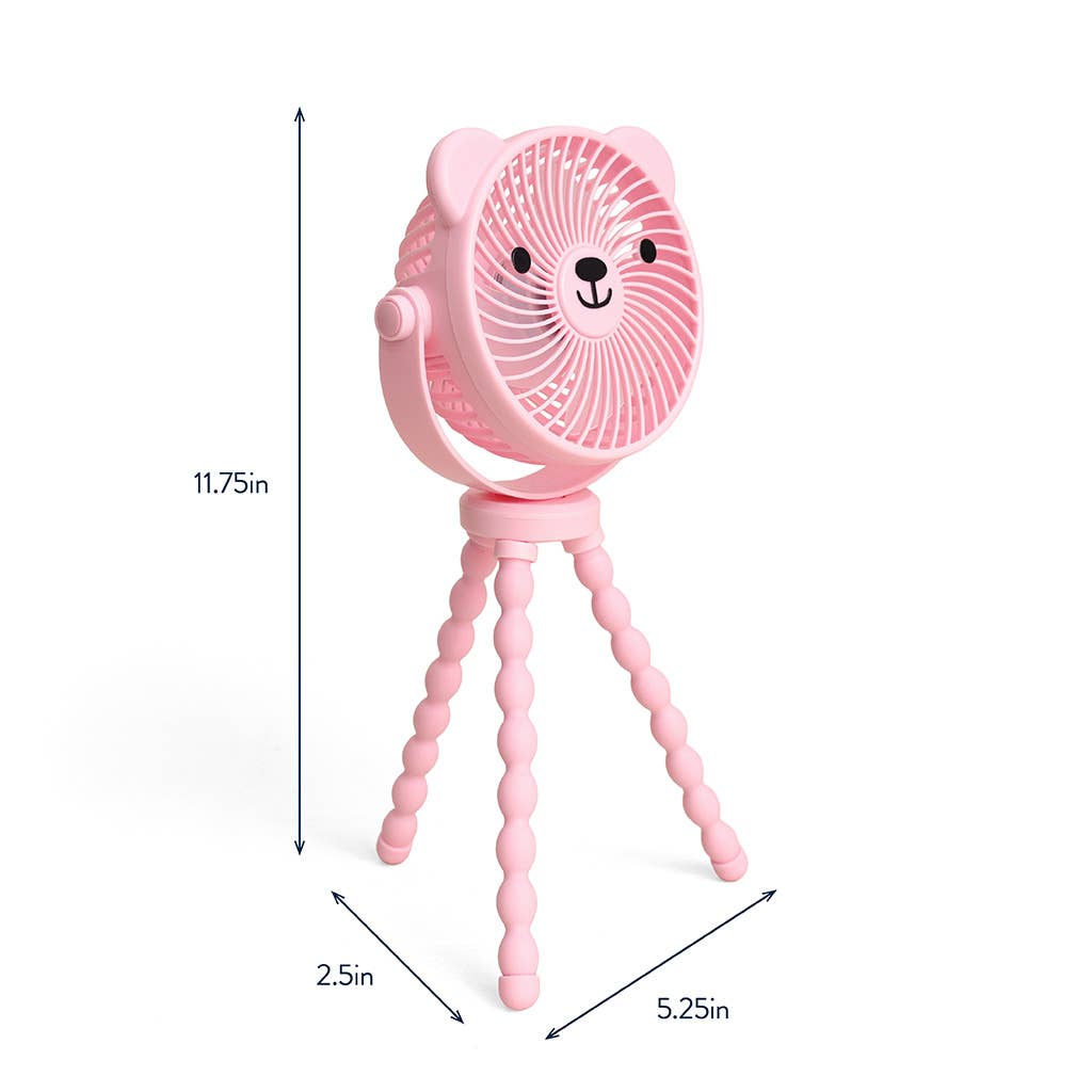 Pink bear-shaped fan with dimensions on a white background