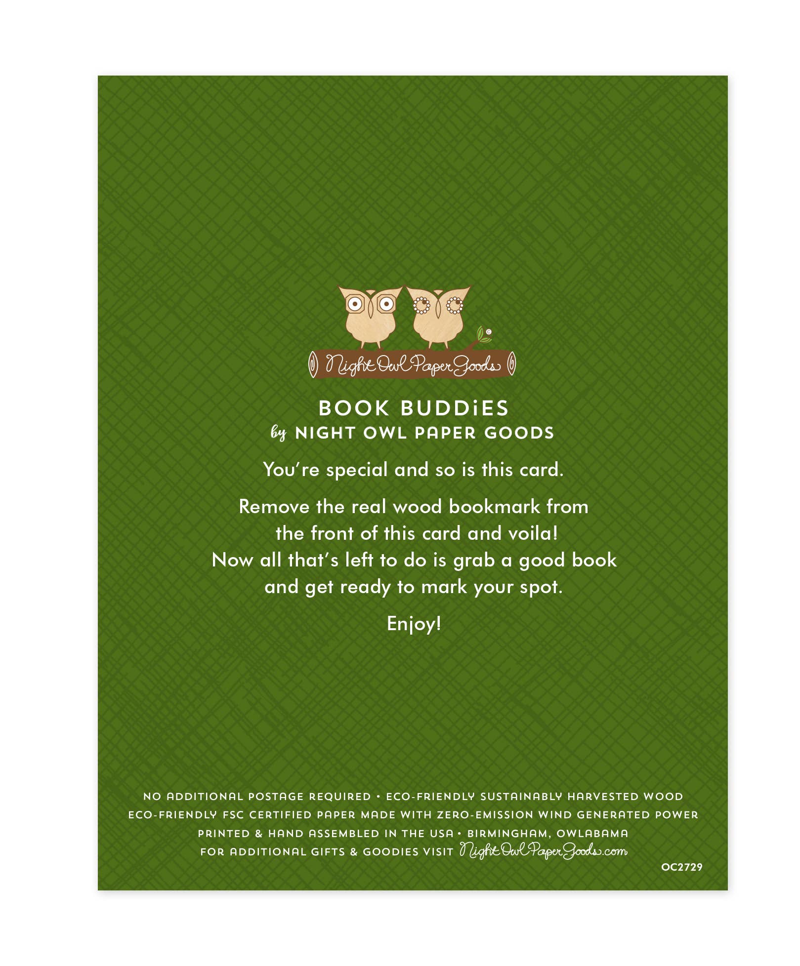 Green card with owl design and text about book buddies and Night Owl Paper Goods