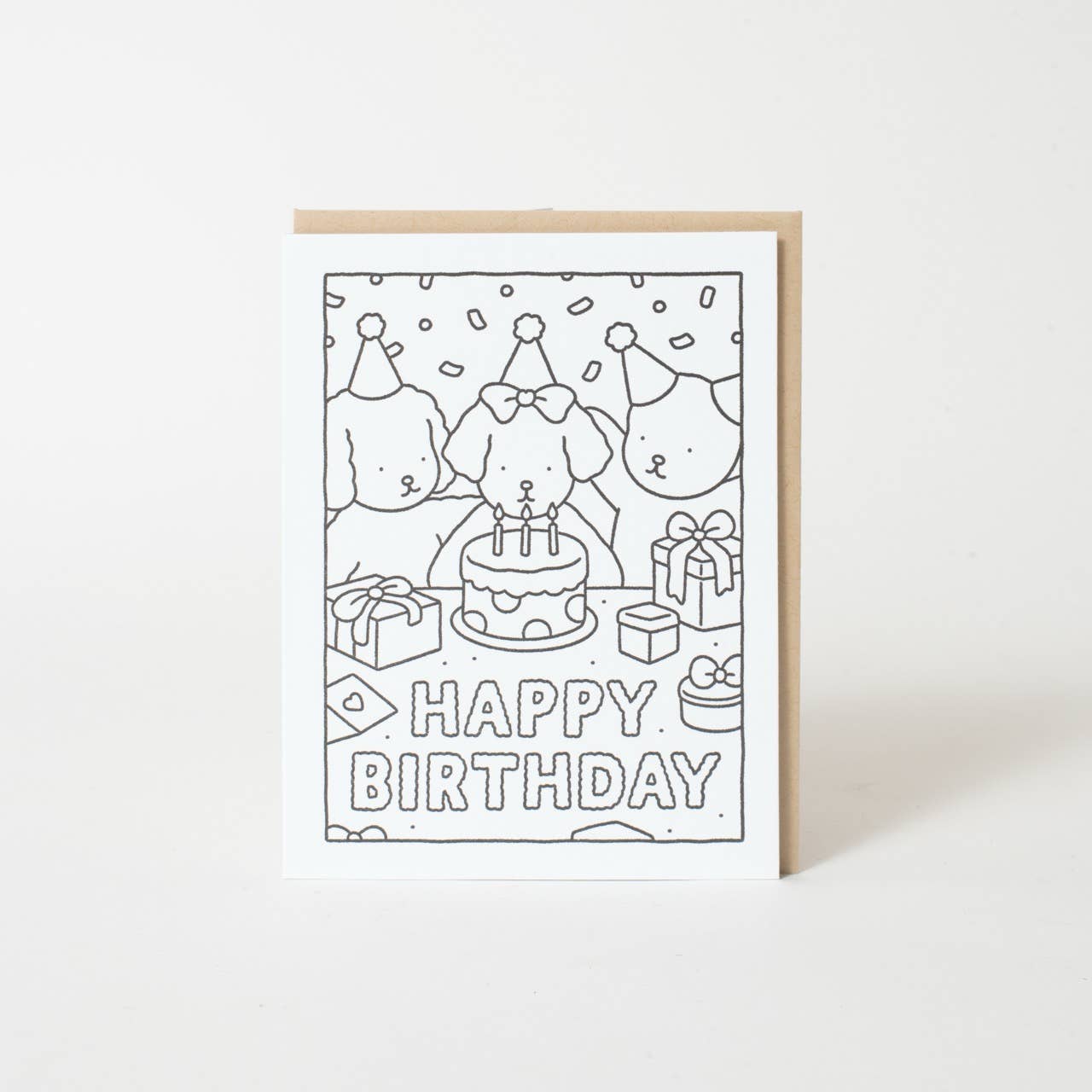 Black and white birthday card with line art of people around a cake on a white background