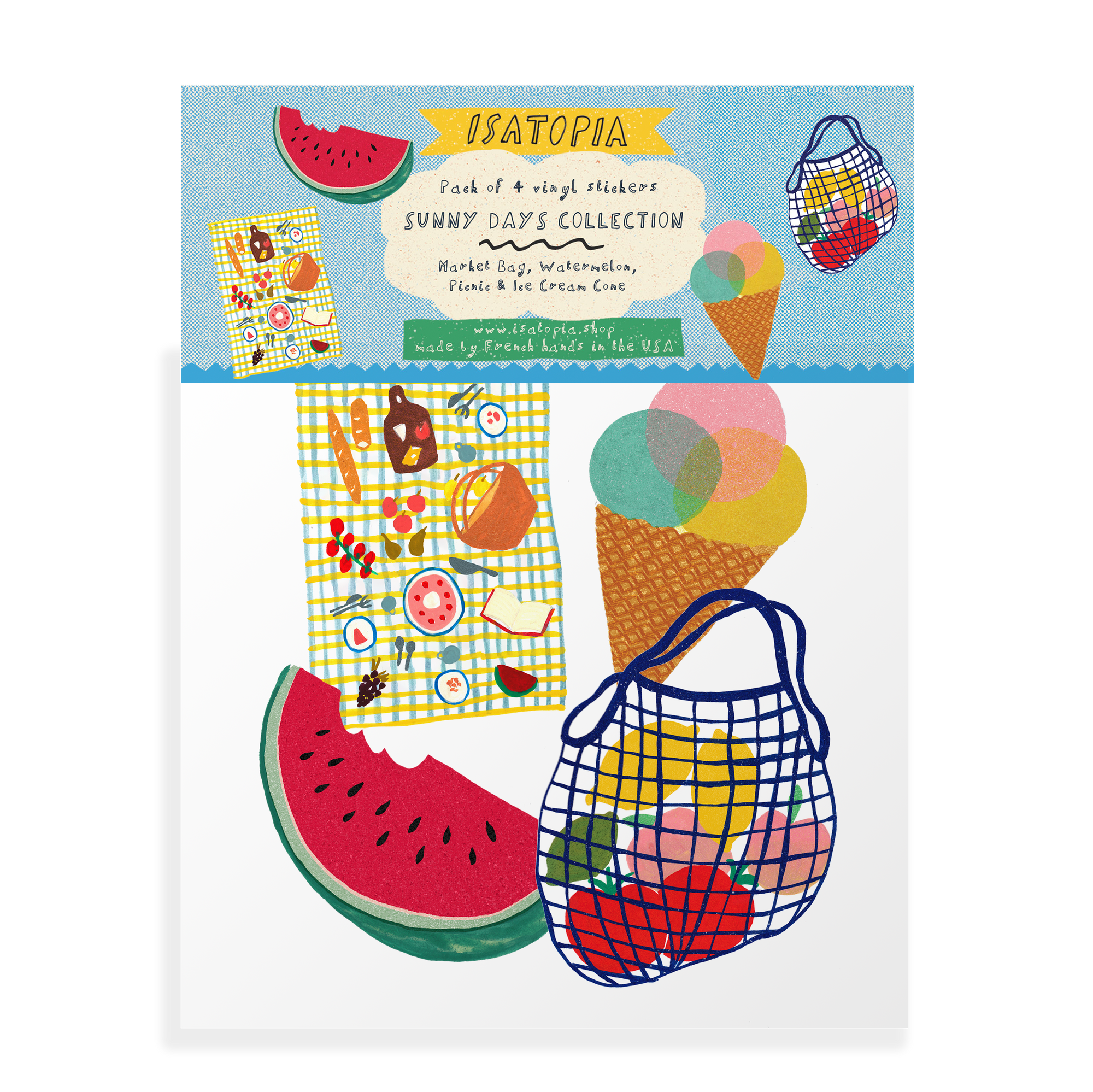 Isatopia Sunny Days Collection stickers with watermelon, ice cream, and bag design on a white background.