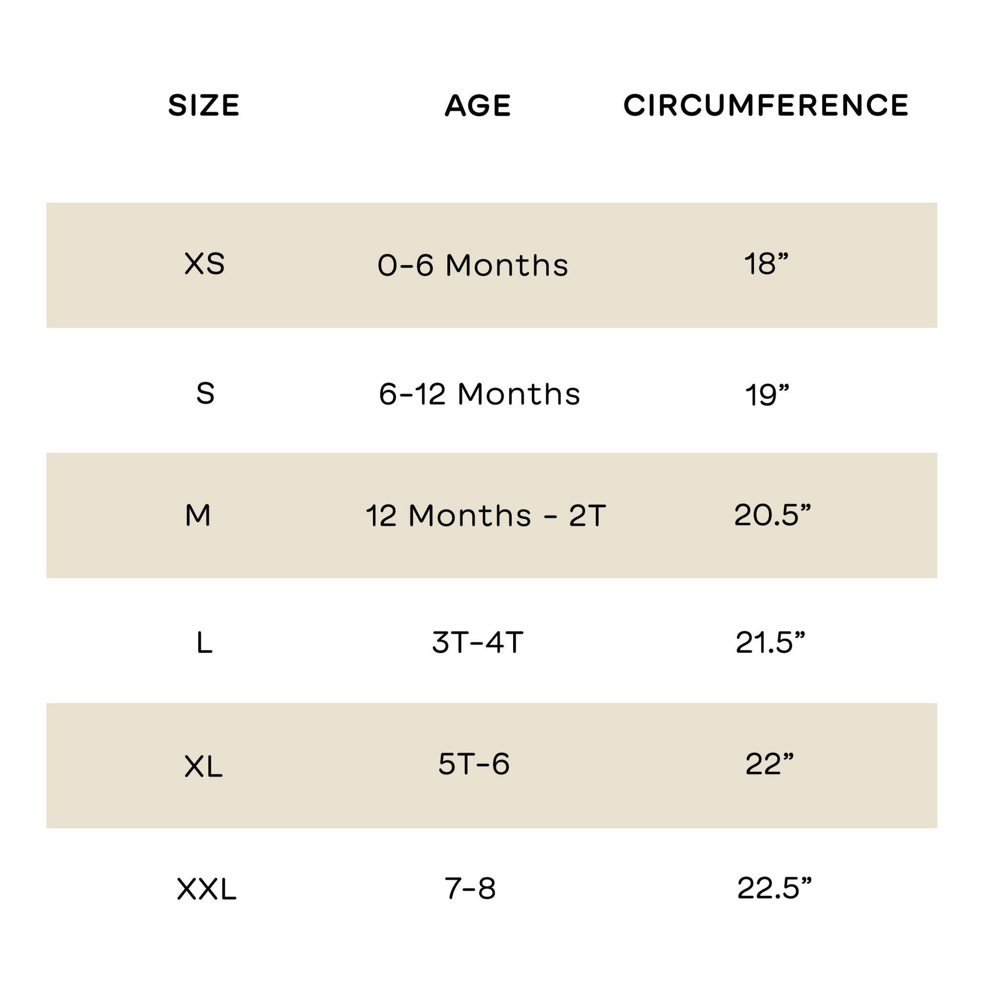 Size chart for children's clothing with size, age, and circumference measurements.
