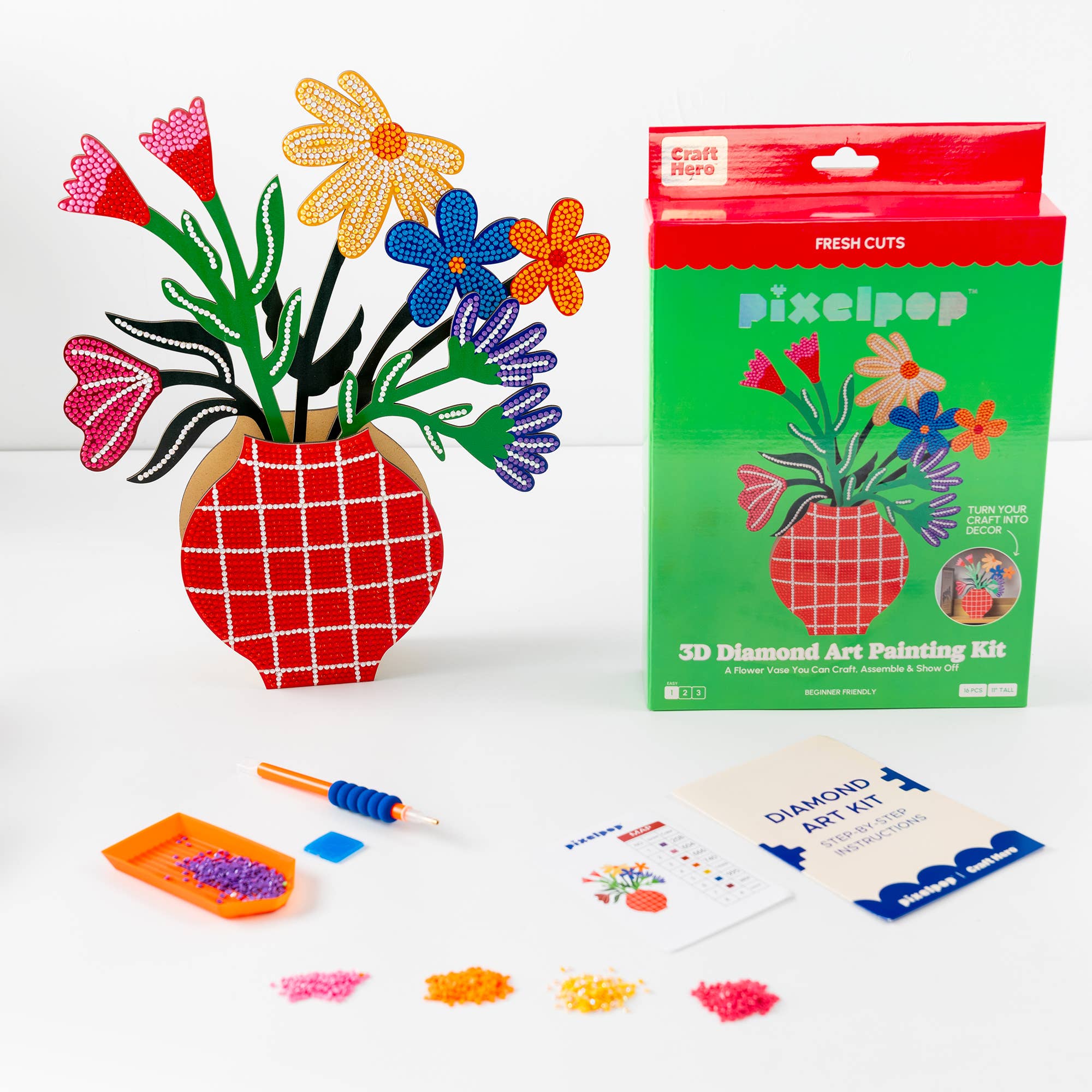PixelPop 3D Diamond Art Painting Kit with completed diamond art and packaging on a white background