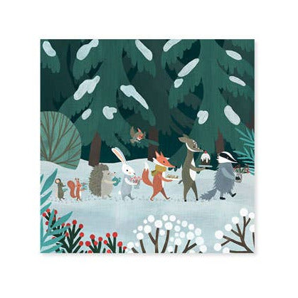 Illustration of animals in a snowy forest scene with trees and snowflakes.