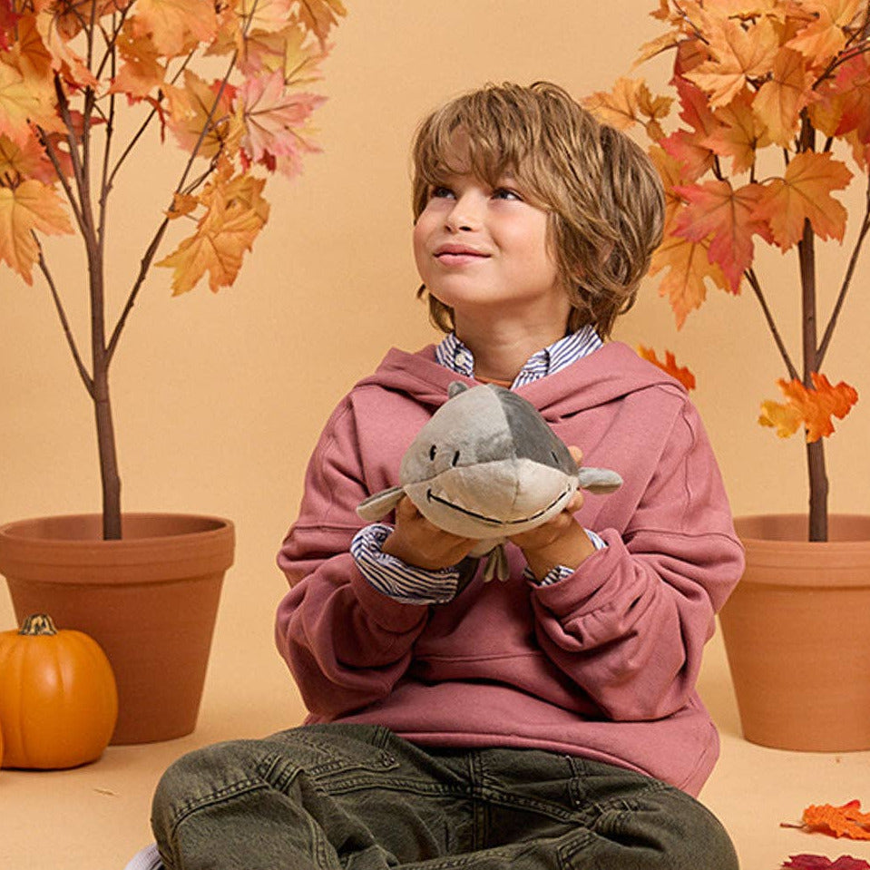 Child holding a shark plush toy with autumn decorations in the background