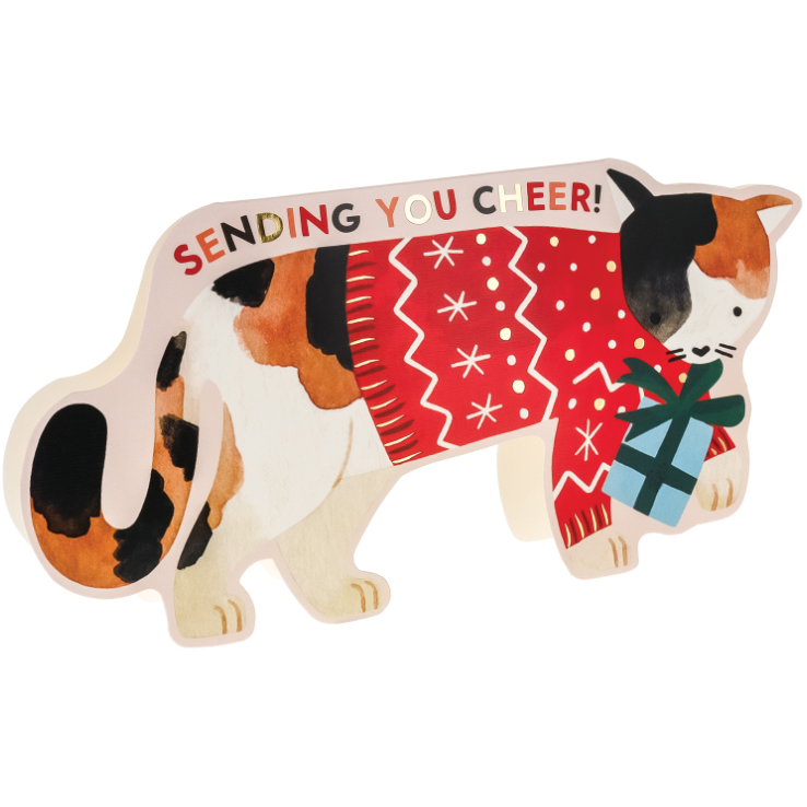 Cat-shaped card with a red sweater and gift, 'Sending You Cheer!' text on a white background