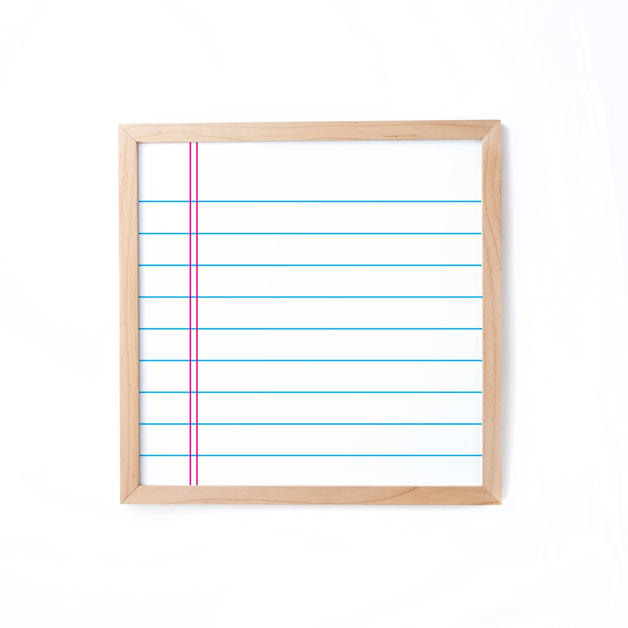 Framed sheet of paper with blue and red lines on a white background
