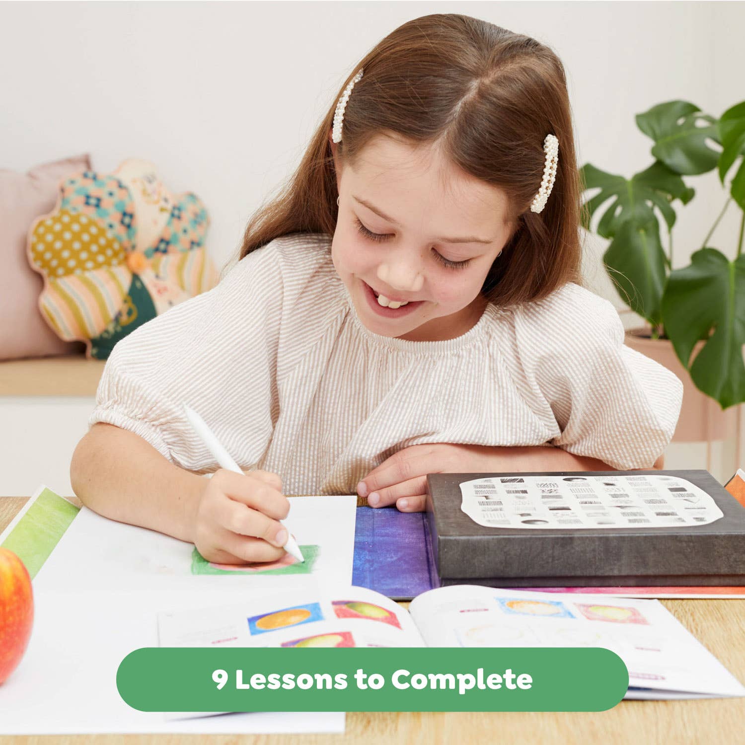 Young girl writing in a notebook with a green label indicating '9 Lessons to Complete'.