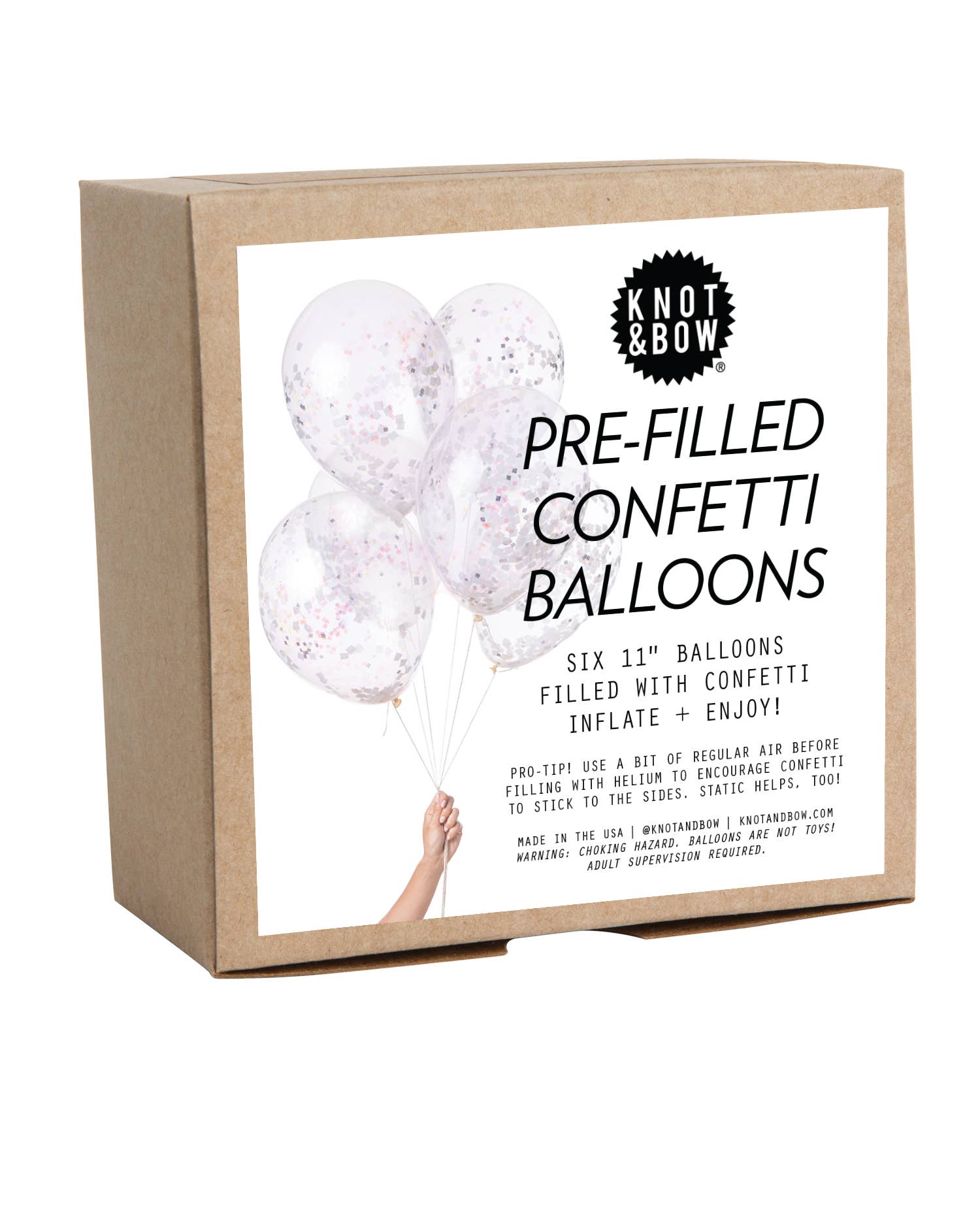 Box of pre-filled confetti balloons with 'Knot & Bow' branding on a white background