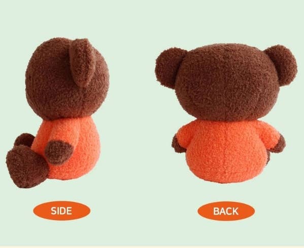 Two views of a brown and orange plush toy on a light green background