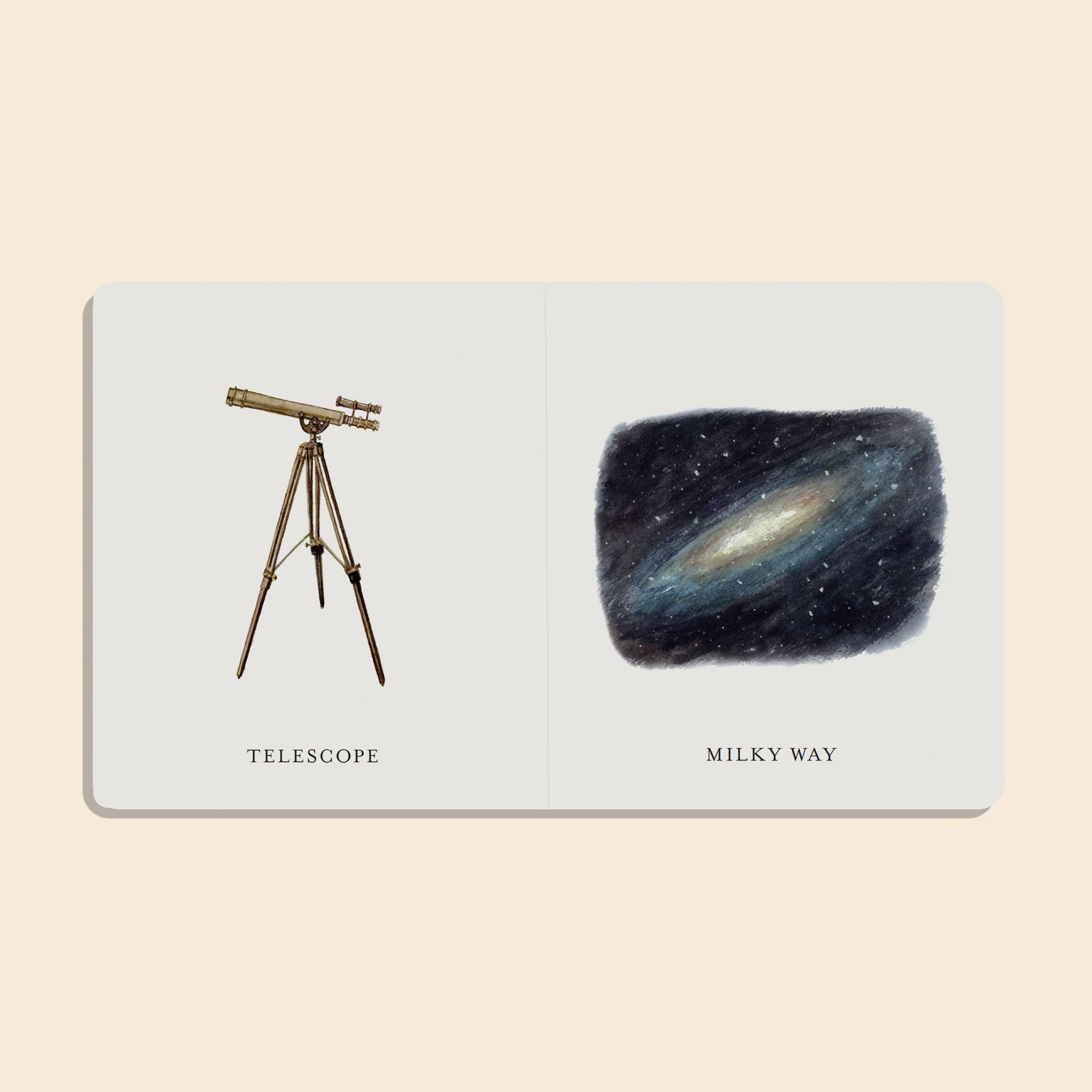 book with a telescope and illustration of the Milky Way on a beige background