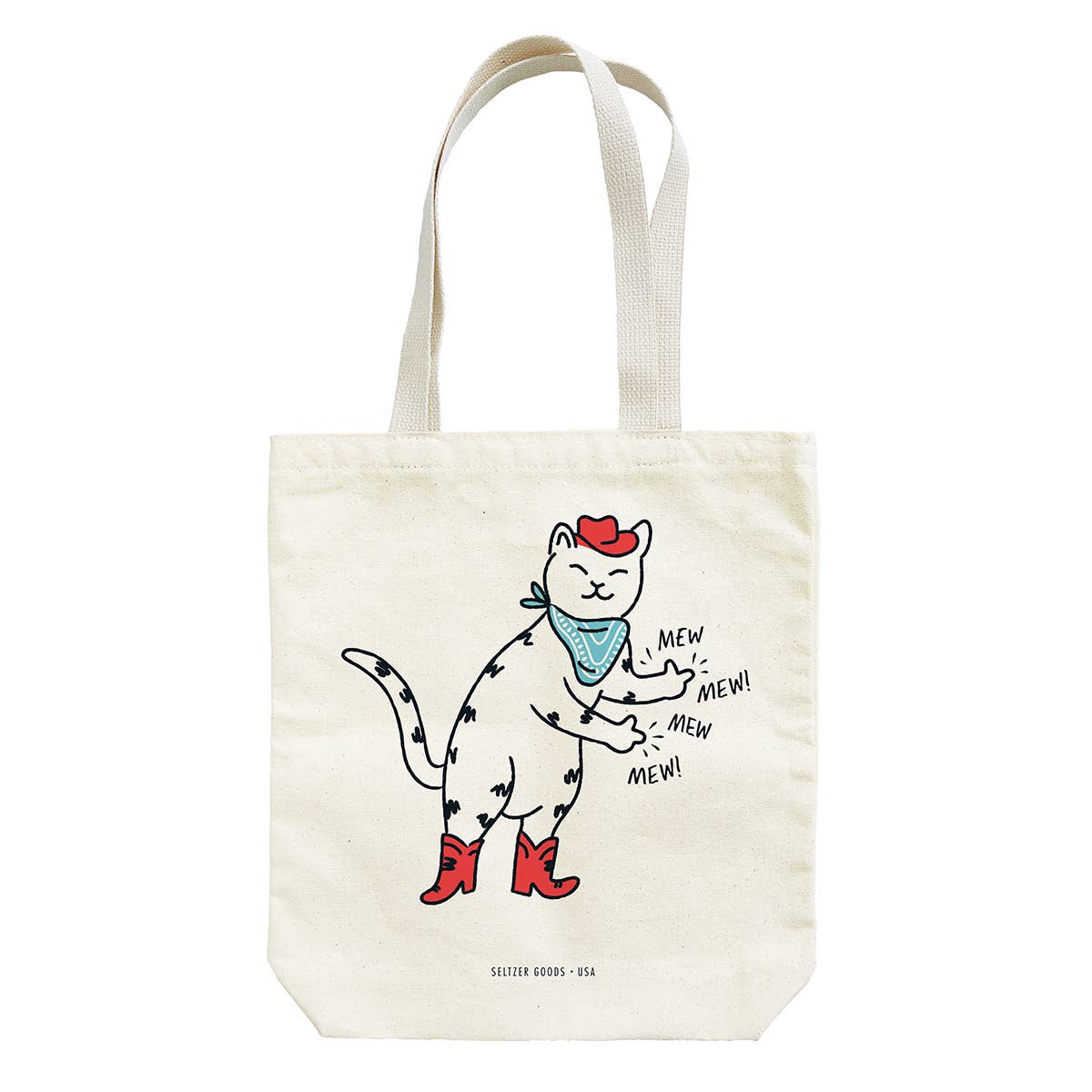 Tote bag with a cat illustration and text on a white background