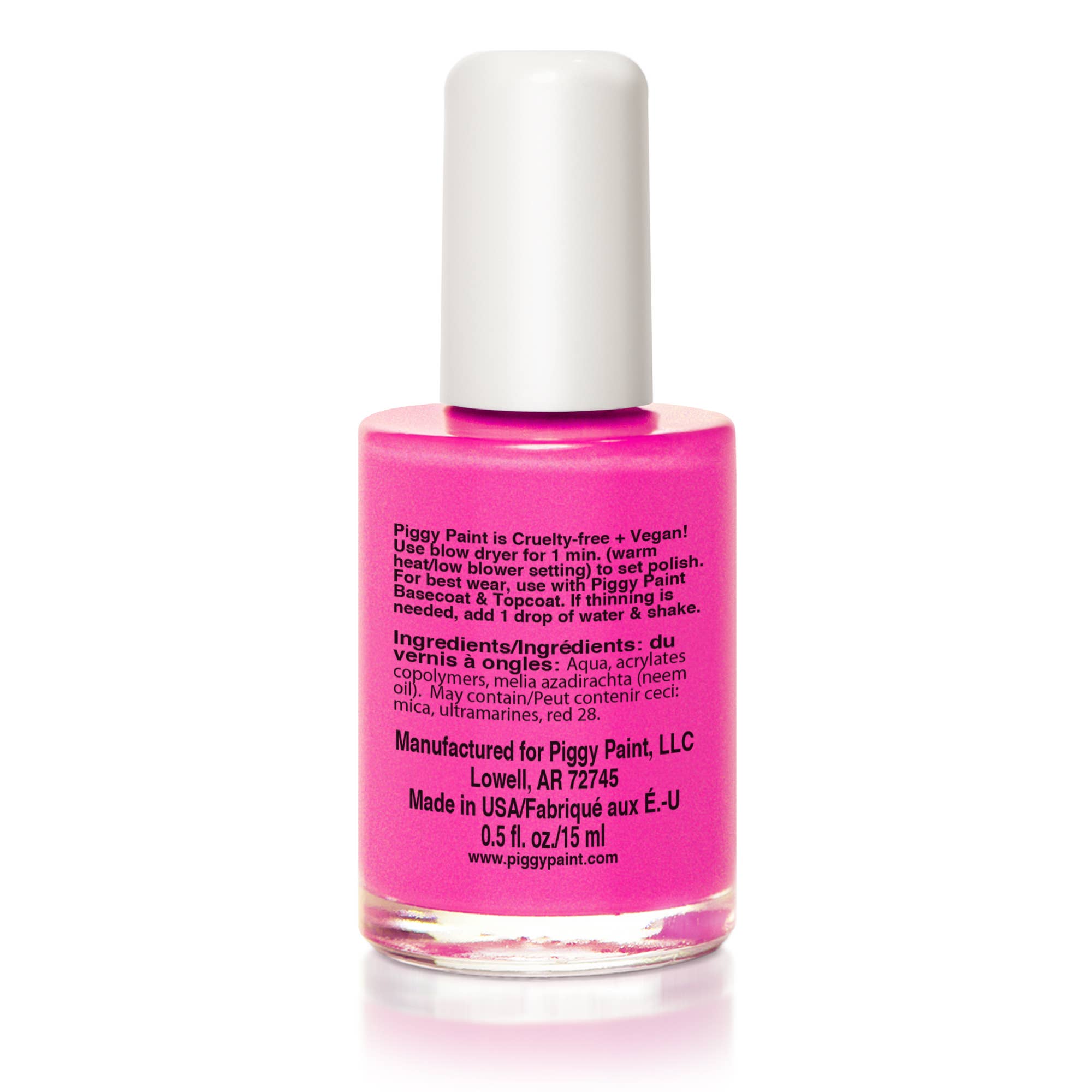 Pink nail polish bottle with white cap on a white background