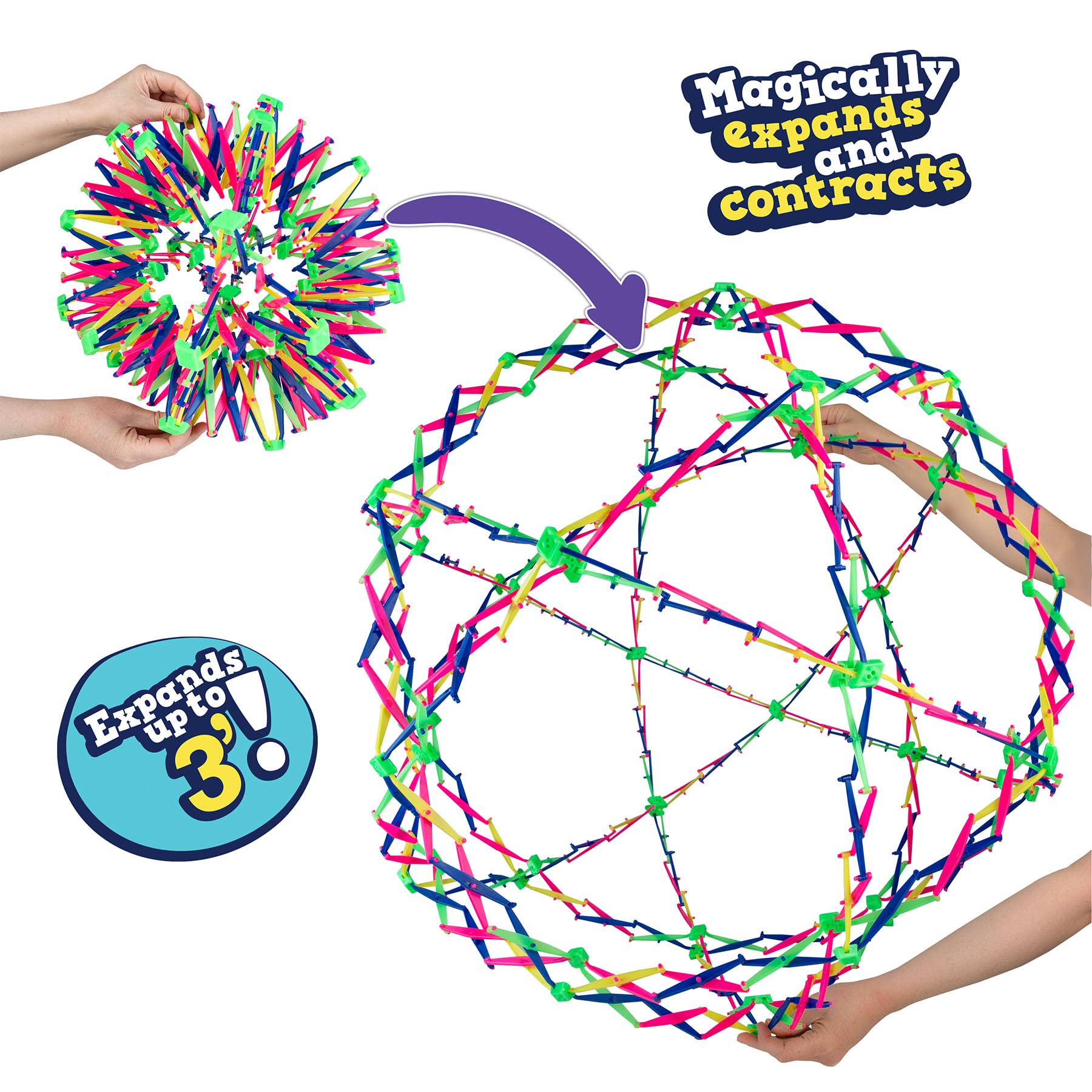Colorful expandable ball toy with text indicating its expandable and contractible properties.