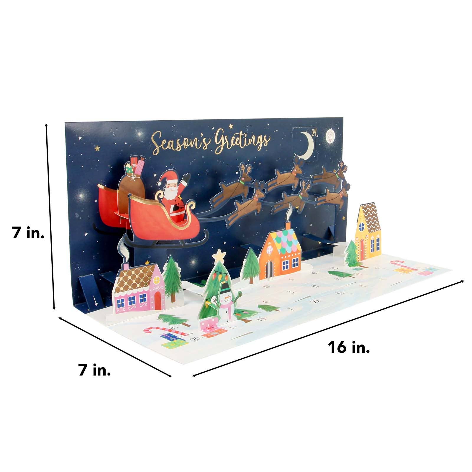 Christmas-themed pop-up card with Santa Claus and reindeer, dimensions shown.