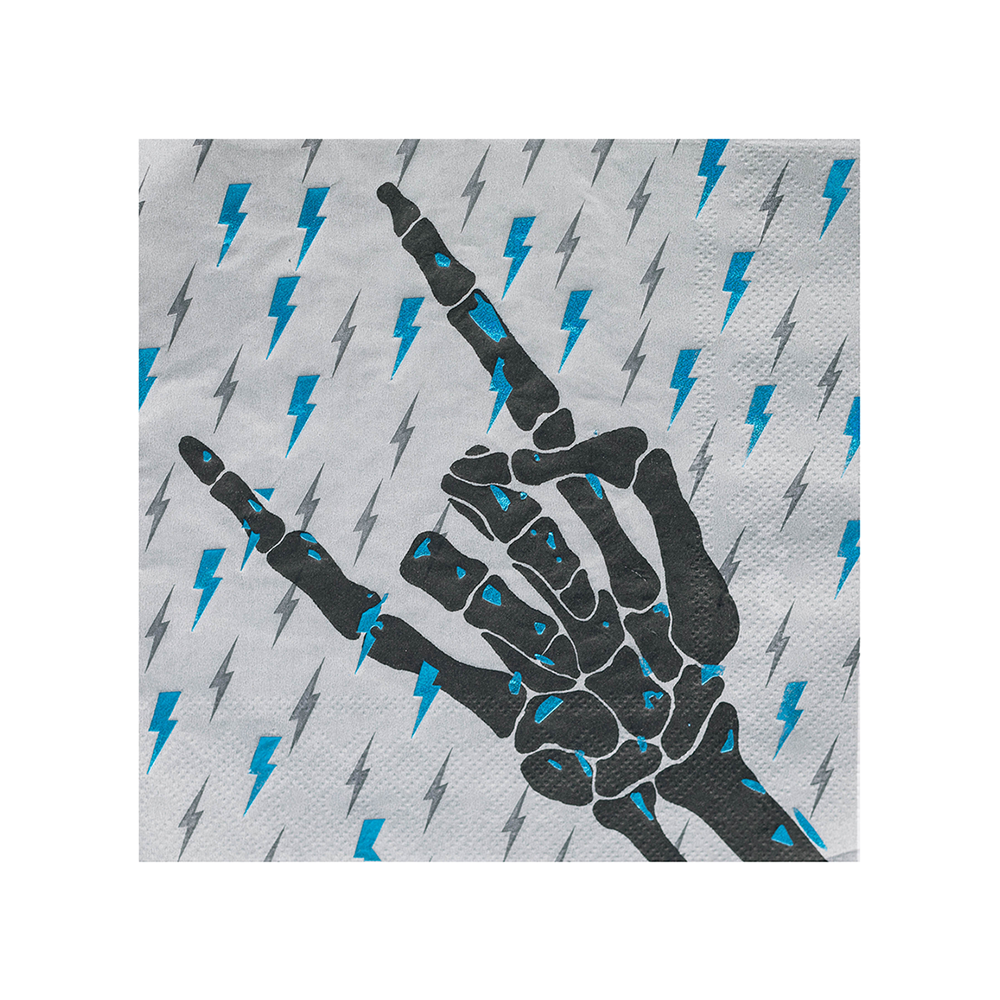 Napkin with skeleton hand sign and lightning bolt pattern on a gray background