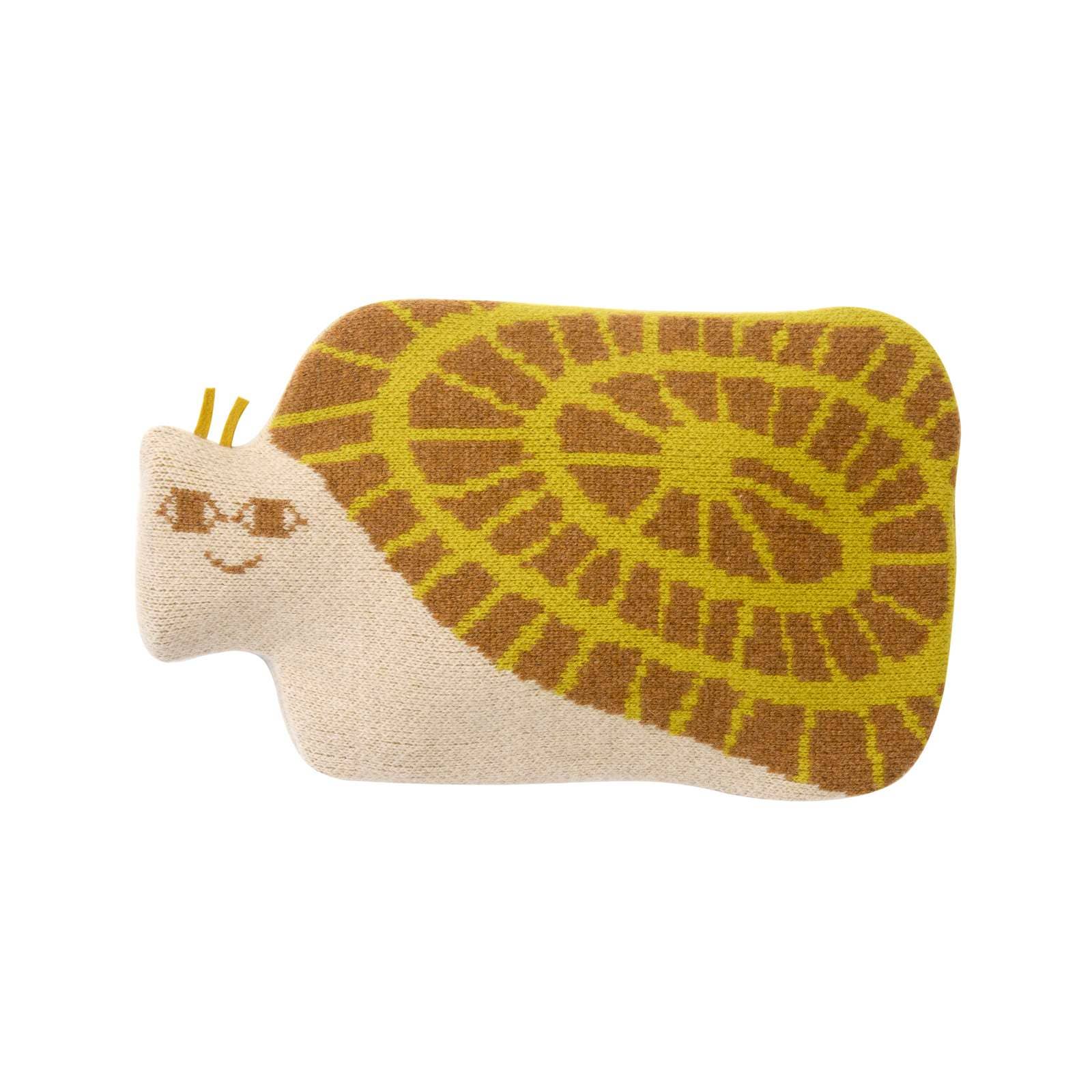 Textile snail toy with a patterned shell on a white background