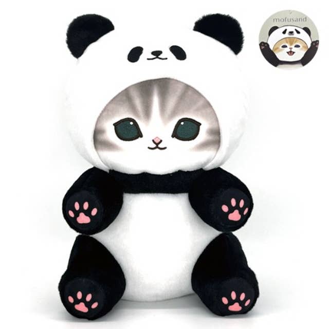 Plush toy panda with a cat body on a white background