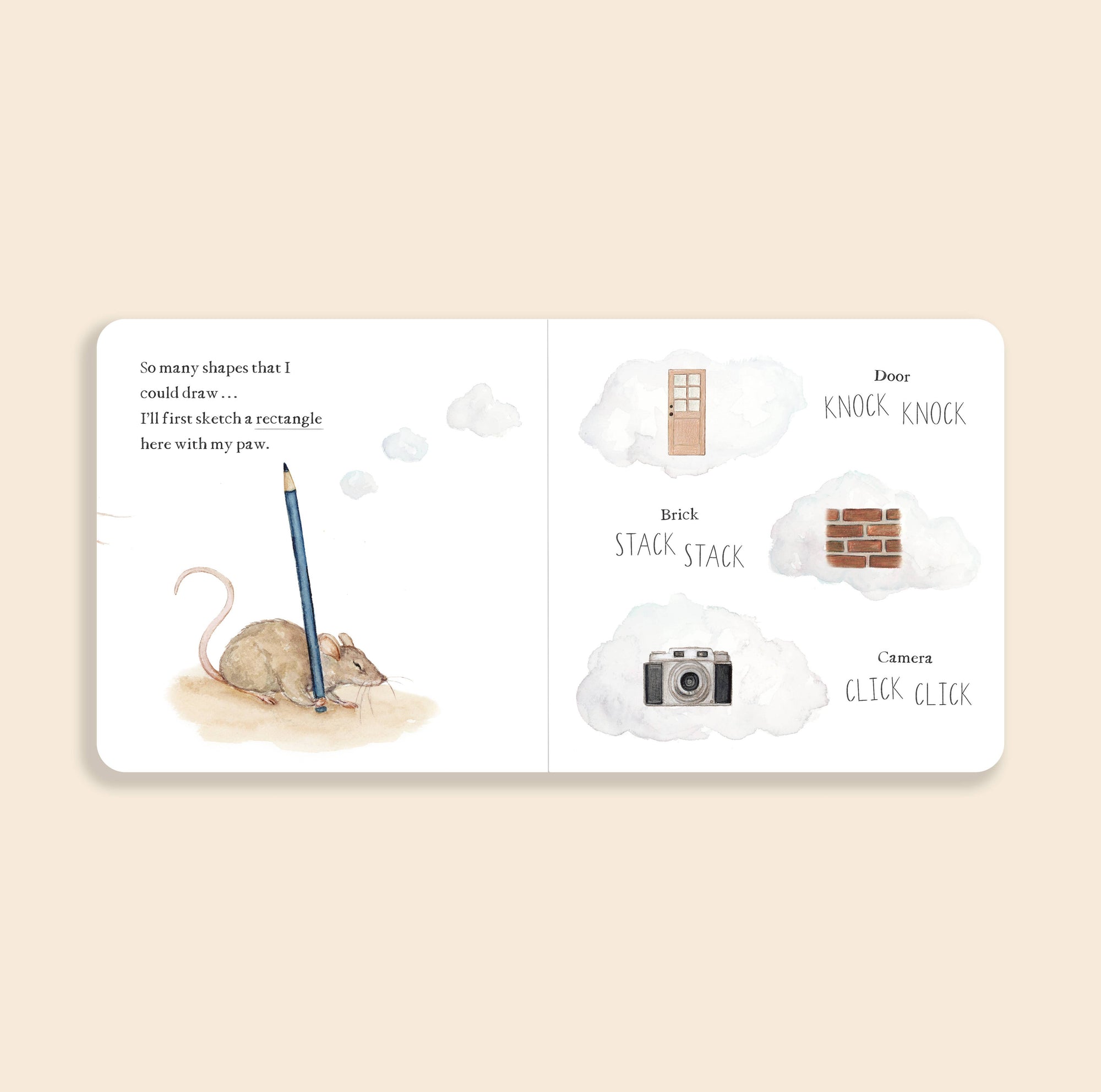 Illustrated book page with a mouse, pencil, and camera on a beige background