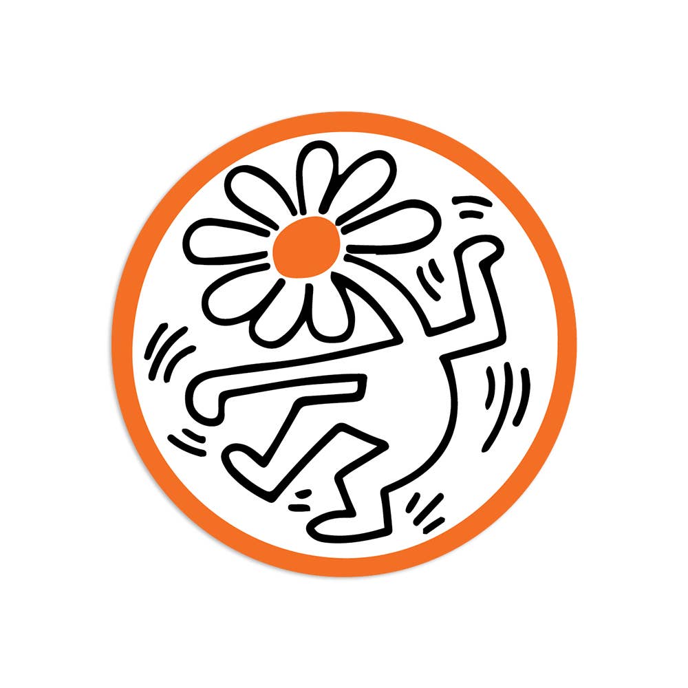 Circular logo with a stylized figure and flower, featuring orange and black on a white background.