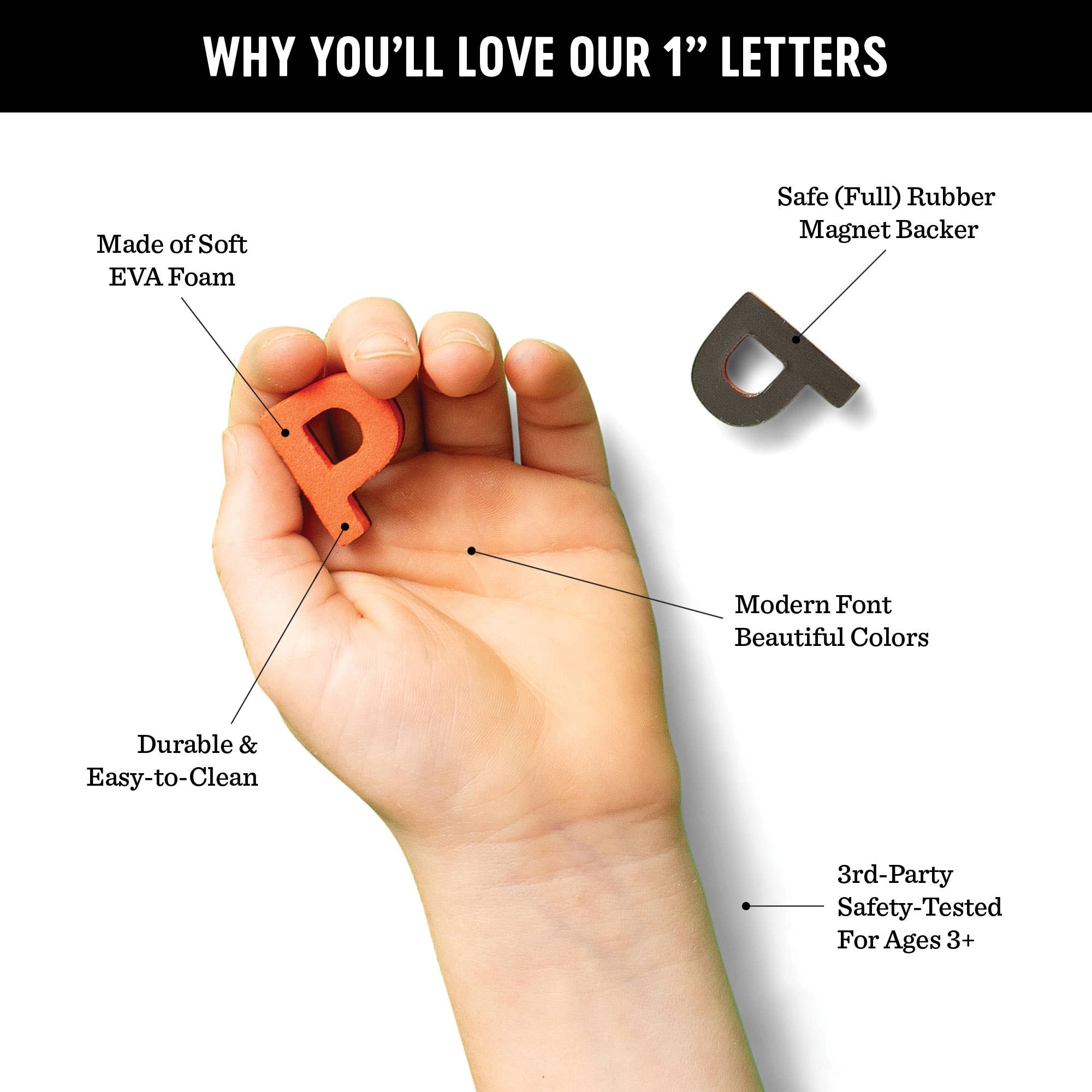 Hand holding an orange letter 'P' with features highlighted on a white background