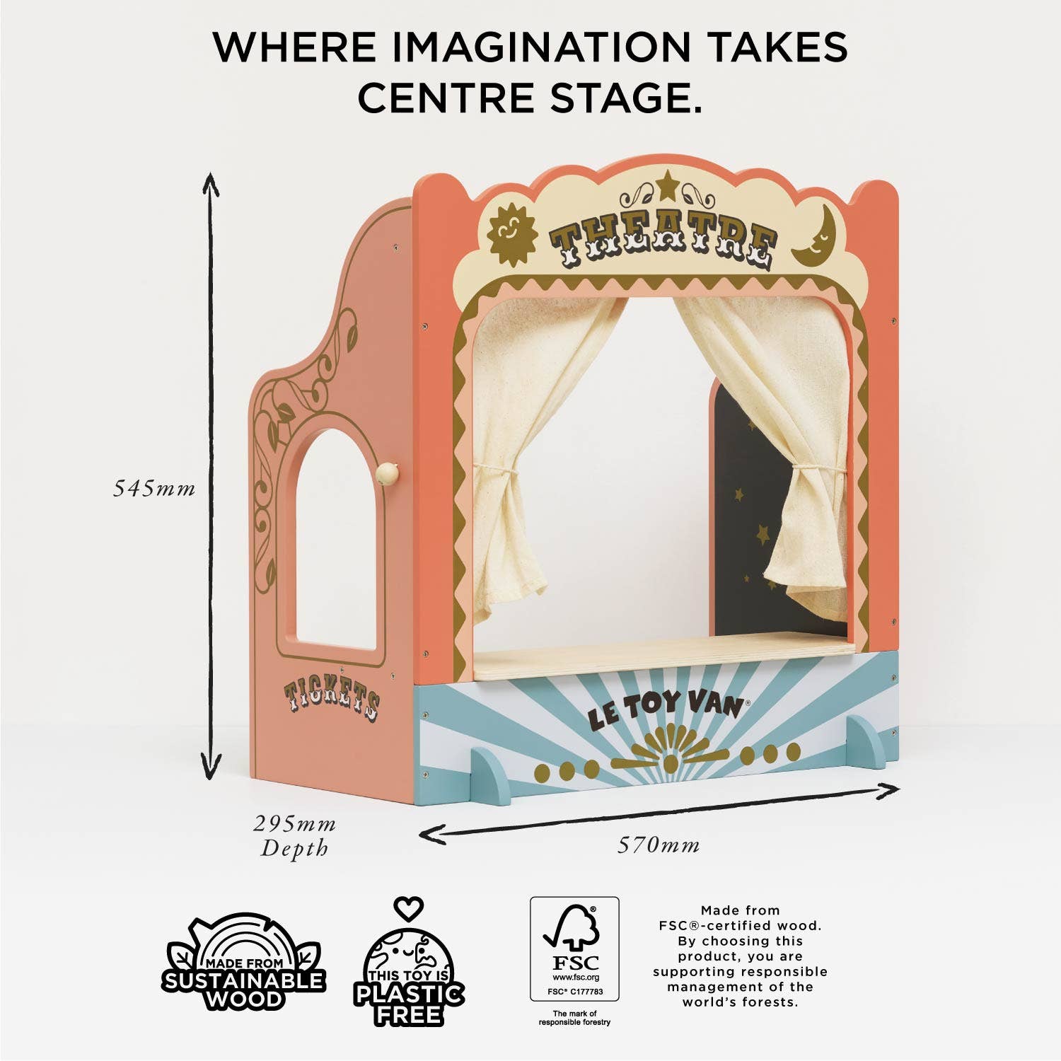 Le Toy Van cardboard theatre with dimensions and branding on a white background