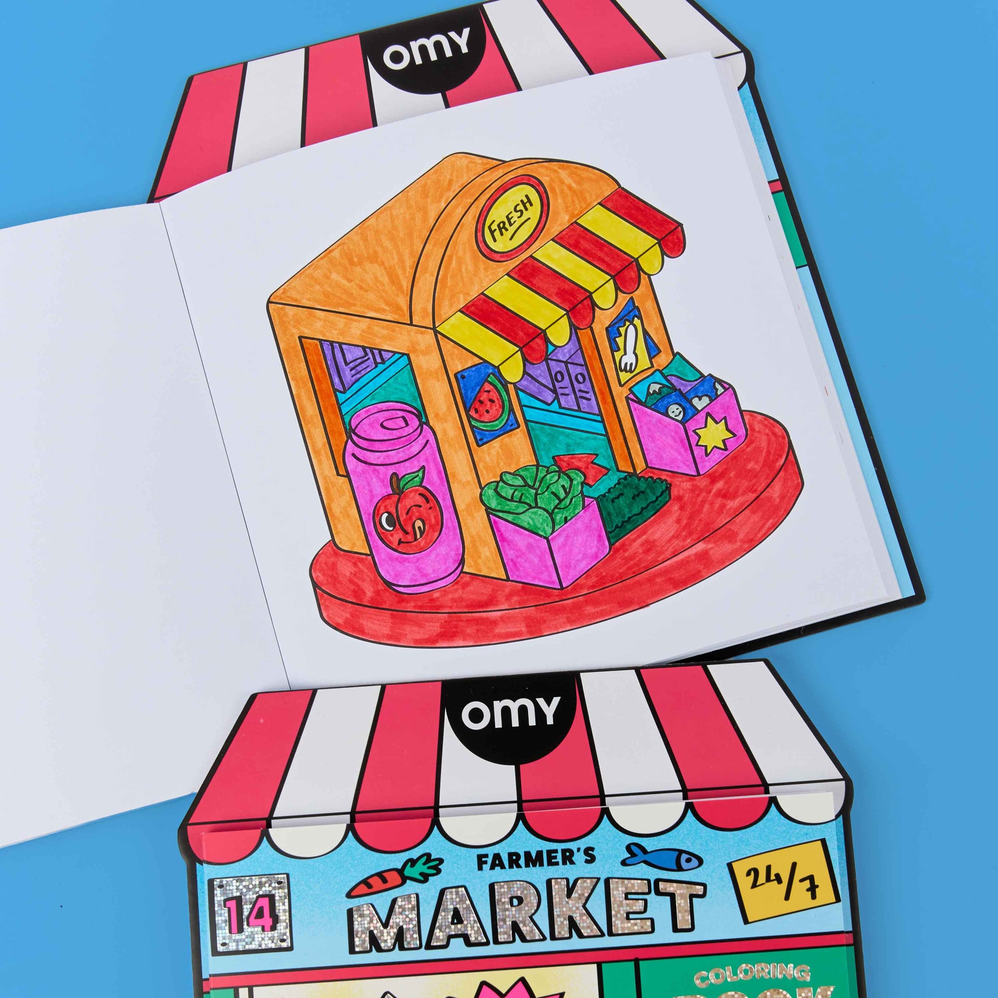 Coloring book with a colorful illustration of a farmer's market on a blue background