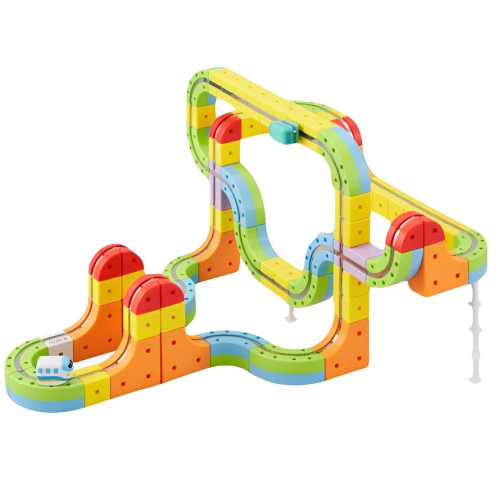 Colorful toy marble track set on a white background