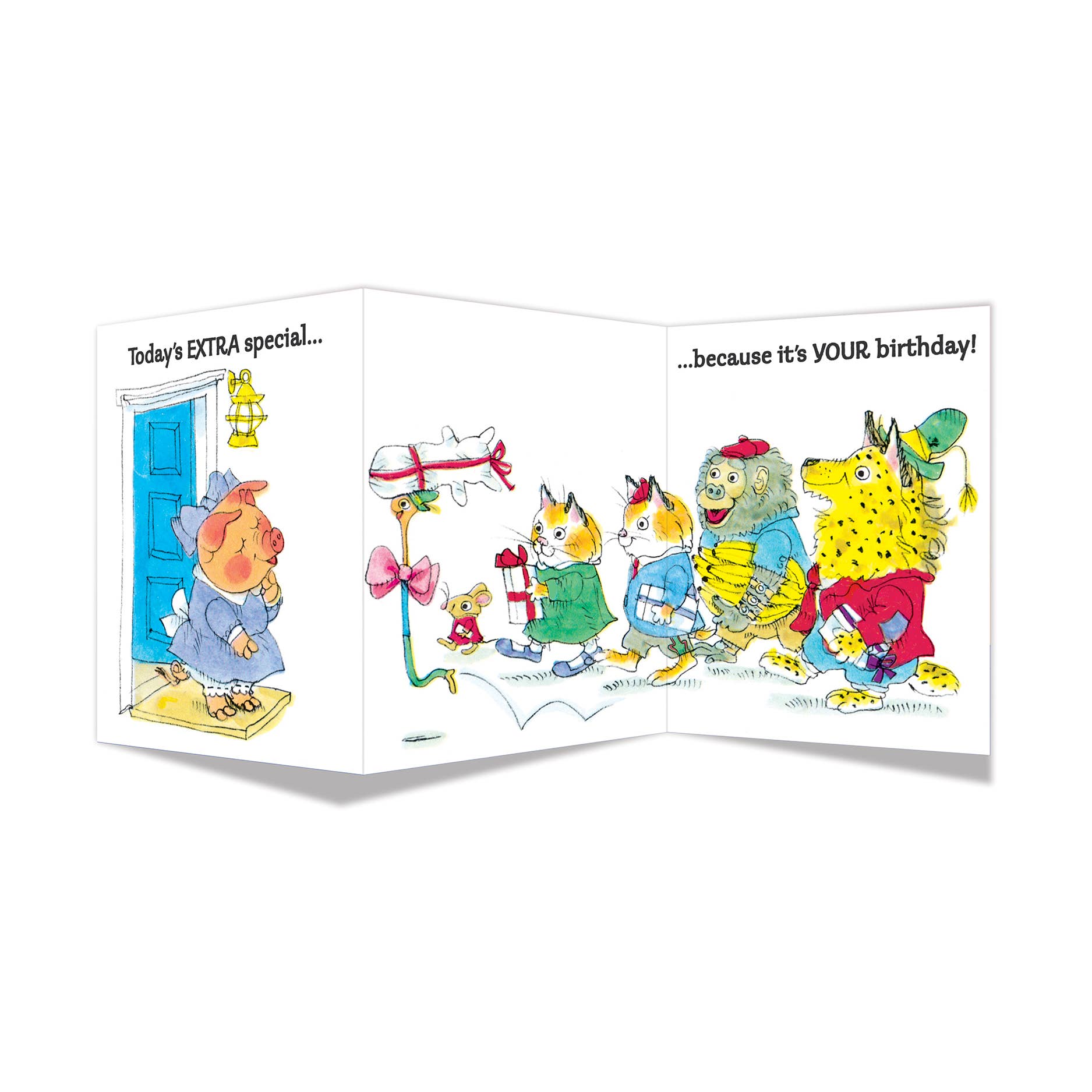 Cartoon birthday card with colorful characters and text on a white background