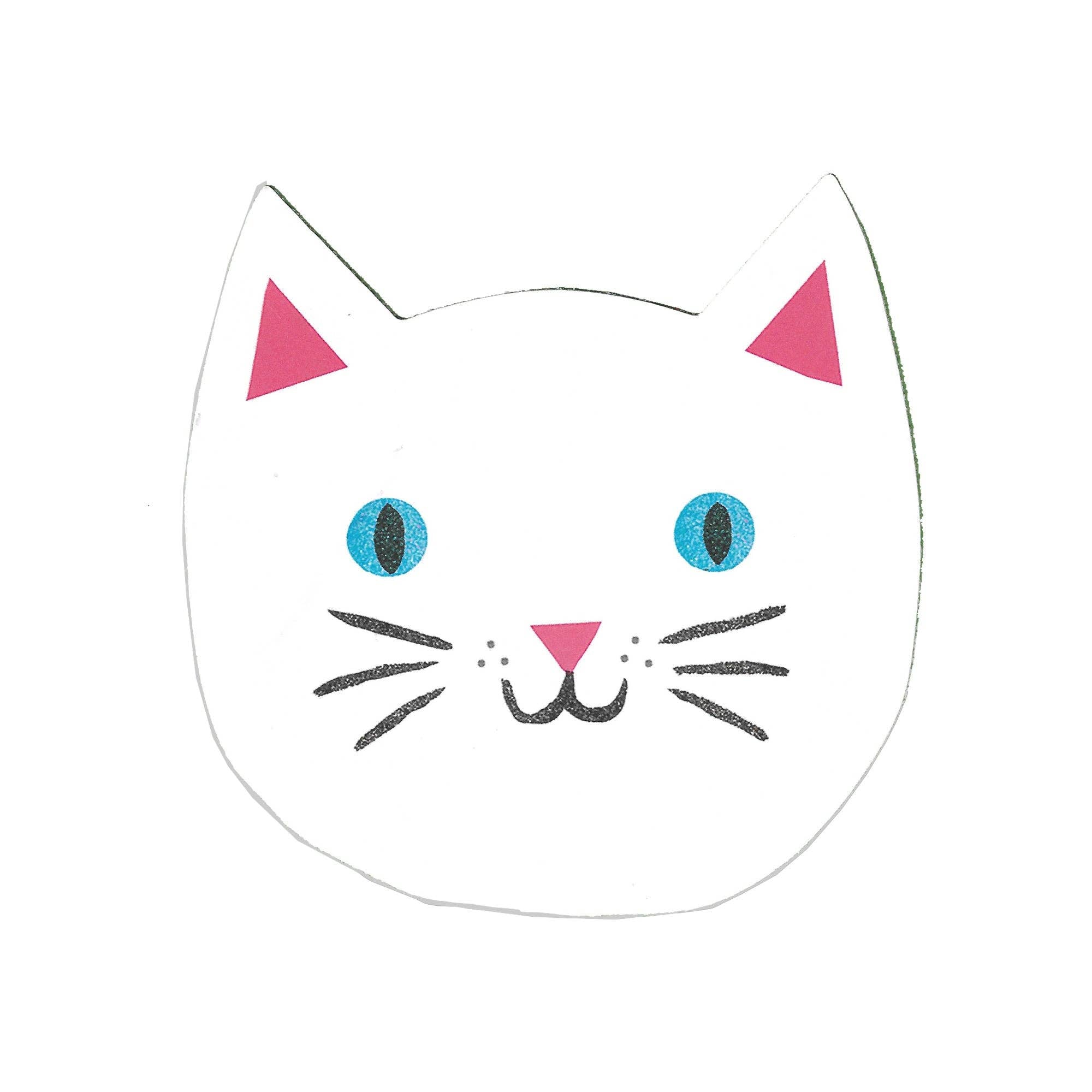 A white cat face sticker or decal with blue eyes, pink inner ears and nose, and black whiskers on a plain white background.