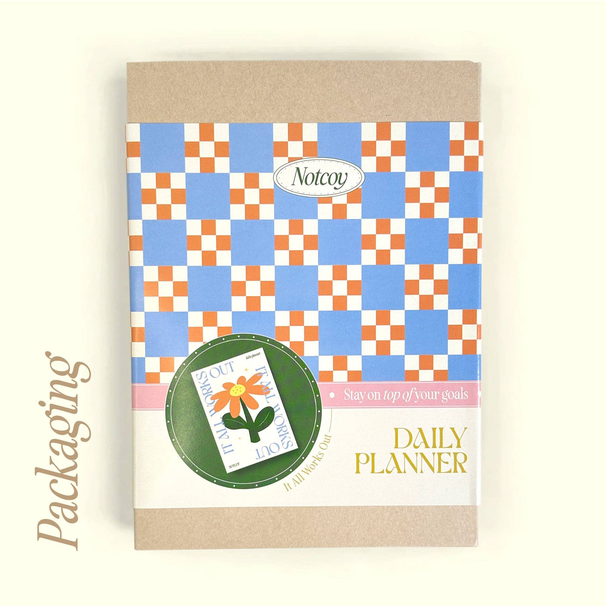 Checkered daily planner with Notcut branding on a beige background