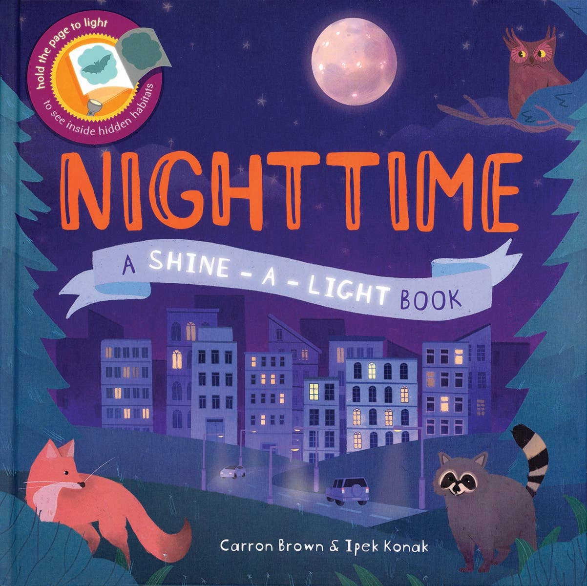 Book cover of 'Nighttime' with illustrations of animals and a cityscape at night.