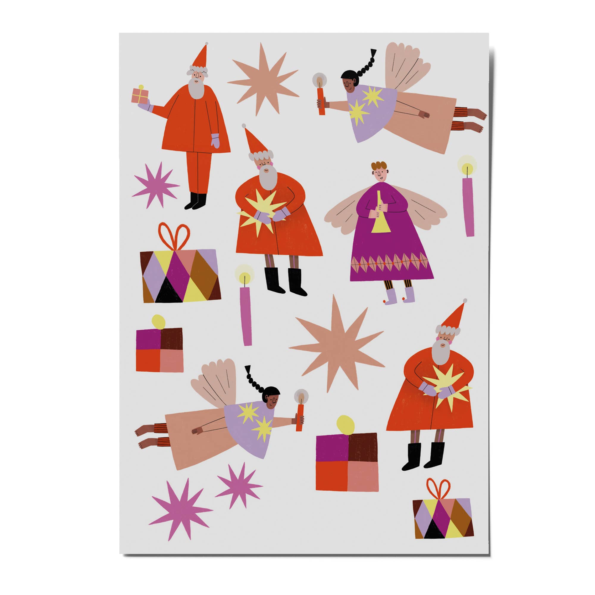 A flat illustration of multiple stylized Christmas characters, gifts, candles, and starburst shapes arranged on a light gray background with a drop shadow.