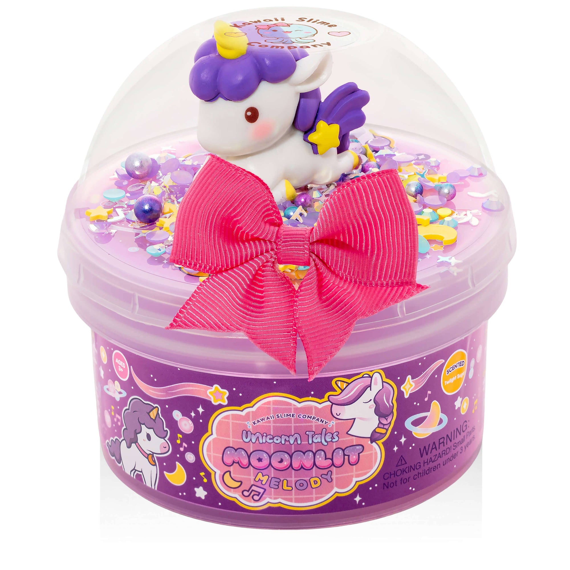 Unicorn-themed toy in a purple container with a pink bow on a white background